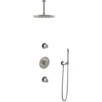 Hotbath Cobber IBS20 inbouw regendoucheset met staafhanddouche aan houder en 30cm ronde hoofddouche aan 15cm plafondarm geborsteld nikkel