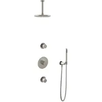 Hotbath Cobber IBS20 inbouw regendoucheset met staafhanddouche aan houder en 20cm ronde hoofddouche aan 15cm plafondarm geborsteld nikkel