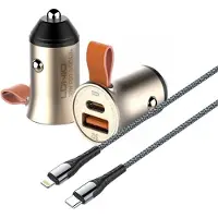 LDNIO Auto Oplader - USB C naar Geschikt voor: Lightning Kabel (1M) LC111 zwart & Auto Stekker - USB A & C Snel Lader 30W - PD20W/QC3.0 Autolader