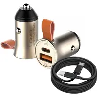 LDNIO Auto Oplader - USB C naar USB C Kabel (1M) zwart & Auto Stekker - USB A & C Snel Lader 30W - PD20W/QC3.0 Autolader