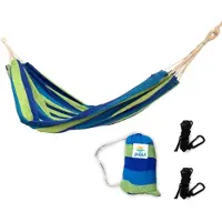 Rijoka Hangmat Large – 200×140cm – Blauw/Groen Gestreept – 1 Persoons – Incl. 2 Haken, Touw én Opbergzak