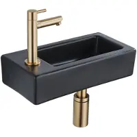 Qeramiq Fuente Fonteinset - 37.5x18.5x9cm - keramiek - kraangat links - fonteinkraan geborsteld messing - afvoerplug - verlaagd sifon - Mat Zwart SW1122451/SW696208/SW696218/SW696238