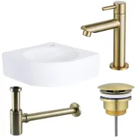 Qeramiq Fuente fonteinset - 30x30x10cm - 1 kraangat - hoek - keramiek - fonteinkraan messing geborsteld - glans wit SW696238/SW696208/SW696218/SW679885