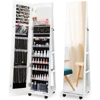 Costway Sieradenkast met wielen, afsluitbare spiegelkast met LED-verlichting & verstelbare planken, staand juwelenkast met spiegel over de hele lengte voor kettingen, oorbellen, make-up (wit)
