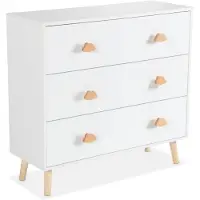 Sweeek Kinderladekast, houtdecor, wit, 3 laden, grenen poten en handgrepen