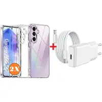 Ntech USB C Adapter A55 oplader - USB C Snellader 20W Met 1m Kabel - Hoesje Geschikt voor Samsung Galaxy A55 hoesje transparant Anti Shock silicone met 2x screenprotector- COMBI-SET