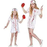 Widmann - Verpleegster & Masseuse Kostuum - Besmeurd Met Bloed Zombie Verpleegster Kind - Meisje - Wit / Beige - Maat 158 - Halloween - Verkleedkleding