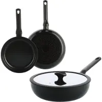BK Enjoy Pannenset 3-delig - 24/28cm - 4.2L - PFAS-vrije antikleeflaag - Pannenset inductie - Keramische pan - Ovenbestendig tot 160°C - Koudgrepen - Met glazen deksel - Zwart