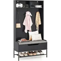 Costway Kapstok met zitbank, 4-in-1 garderobe met open vakken, schoenenkast en 3 haken, kledingstandaard met zitkussen, halgarderobe voor ingang, woonkamer, 90 x 38,5 x 170 cm