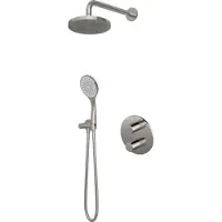 Hotbath Buddy IBS12A inbouw regendoucheset met 3-standen handdouche aan glijstang en 20cm hoofddouche aan 30cm plafondarm geborsteld nikkel