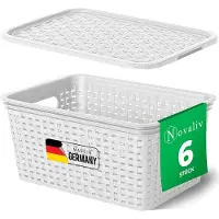 Novaliv set van 6 opbergdozen met deksel, kleine mand 5L, wit in rotan design, voedselveilige opbergmand, stapelbare dozen, nestbaar, kunststof, BPA-vrije doos, stofbakken met deksel