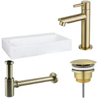 FortiFura Fuente fonteinset – rechthoekig – 38x24x8 cm – marmer wit – mat gouden kraan SW696238/SW696208/SW696218/SW451336