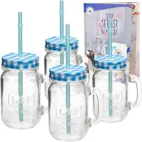Hit Set van 4 glazen bekers met handvat, deksel en rietje incl. receptenboekje - blauw geruit - 0,5 liter beker / drinkglas met reliëf - voor sapjes, smoothies en andere verfrissende drankjes