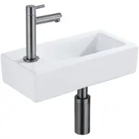Qeramiq Fuente Fonteinset - 37.5x18.5x9cm - keramiek - kraangat links - fonteinkraan gunmetal - afvoerplug - verlaagd sifon - Glans wit SW1122449/SW769487/SW767295/SW696239