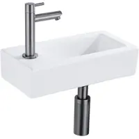 Qeramiq Fuente Fonteinset - 37.5x18.5x9cm - keramiek - kraangat links - fonteinkraan gunmetal - afvoerplug - verlaagd sifon - Mat wit SW1122450/SW769487/SW767295/SW696239