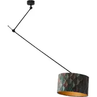 QAZQA Hanglamp zwart met velours lampenkap blad dessin met gouden binnenkant 40/40/40 - Blitz
