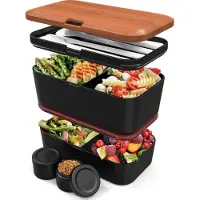 Umami Grote Bento-Box voor Volwassenen - 1500 ML XL – Ruimtebesparend Design, Inclusief Bestekset en Sauspotten, Waterdicht, Magnetron- en Vaatwasserbestendig - Hout