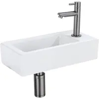 Qeramiq Fuente Fonteinset - 37.5x18.5x9cm - keramiek - kraangat rechts - fonteinkraan gunmetal - afvoerplug - verlaagd sifon - Mat wit SW1122446/SW769487/SW767295/SW696239