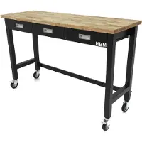HBM werkbank 152 cm verrijdbaar met 3 laden, massief houten werkblad, zwart