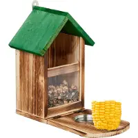 Relaxdays eekhoorn voederhuis - hout - voedertafel met maïskolfhouder & drinkbakje - zitplateau - natuur-groen