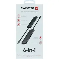 Swissten USB-C HUB 6-IN-1 (USB-C PD, 3x USB 3.0, SD, MICRO SD) Aluminium (USB C), Docking station + USB-hub, Grijs