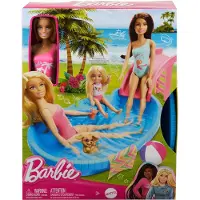 Barbie Pop en Zwembad Speelset, Blonde in Tropische Roze Badpak met Zwembad, Glijbaan, Handdoek en Drankaccessoires