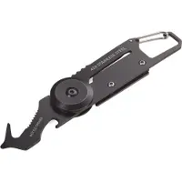 Troika KTL26-TI Sleutelkarabijnhaak Zwart, Titanium Mini-gereedschap met 5 functies, zakmes, karabijnhaak, klein zaagblad, platte schroevendraaier, flesopener, 420 roestvrij staal / aluminium, zwart