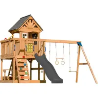 Axi Jack Speeltoestel van hout in Bruin | Speeltoren met zandbak, trapeze, dubbele schommel en grijze Glijbaan | Speelhuis op palen voor de tuin