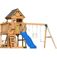 Axi Jack Speeltoestel met Dubbele Schommel en Trapeze Bruin – Blauwe glijbaan