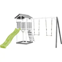 Axi Beach Tower Speeltoren met Dubbele Schommel Grijs/wit - Limoen groene glijbaan
