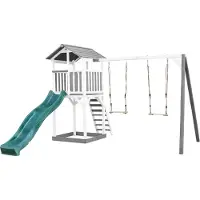 Axi Beach Tower Speeltoren met Dubbele Schommel Grijs/wit - Groene Glijbaan
