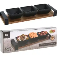 Koopman International Serveerplank acacia hout met 3 hapjes/saus/tapas schaaltjes 32 x 10 cm - Serveerplanken