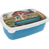 MuchoWow Broodtrommel Blauw - Lunchbox Konijn - Boerderij - Eieren - Brooddoos 18x12x6 cm - Brood lunch box - Broodtrommels voor kinderen en volwassenen