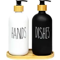 Intirilife 3-delige Glazen Zeepdispenser Set in Zwart en Wit met Bamboe Dienblad - Inhoud van 500 ml - 17.5 x 8.8 x 20.6 cm - 2 pompflessen voor zeep en afwasmiddel