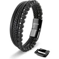 SERASAR Premium Echt Lederen Armband voor Heren [Stone] in Zwart | Natuursteen Kralen | 23cm | Roestvrijstalen Magnetische Sluiting | Inclusief Sieradendoos