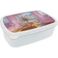 MuchoWow Broodtrommel Wit - Lunchbox Pink - City - Bloemen - Brooddoos 18x12x6 cm - Brood lunch box - Broodtrommels voor kinderen en volwassenen