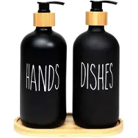 Intirilife 3-delige Glazen Zeepdispenser Set in Zwart met Bamboe Dienblad - Inhoud van 500 ml - 17.5 x 8.8 x 20.6 cm - 2 pompflessen voor zeep en afwasmiddel