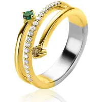 Zinzi gold plated zilveren multi-look ring (9mm breed) met 3 rijen, bezet met groene kleurstenen en witte zirkonia's ZIR2646G