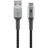 Goobay textielkabel met metalen connectoren, USB-C naar USB-A, kleur: grijs/zilver, lengte: 2 meter (verpakt in een zachte verpakking)