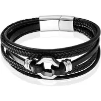 Mendes Jewelry Heren Armband van Roestvrijstaal en Echt Leder - Stijlvol Zwart met Zilveren Achtkant-21cm