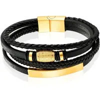 Mendes Jewelry Heren Armband van Roestvrijstaal en Echt Leder - Luxe Zwart met Gouden Elementen-21cm