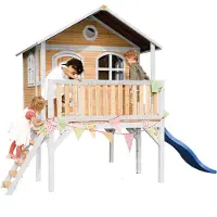 Axi Sophie Speelhuis op palen & blauw Glijbaan | Speelhuisje voor de tuin / buiten in bruin & wit van FSC hout | Speeltoestel voor kinderen