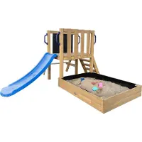 Axi Leah Mini Speeltoren van hout in bruin met blauwe Glijbaan | Kleine Speeltoren met Zandbak, Picknicktafel en Krijtbord | Multifunctioneel speeltoren voor in de tuin