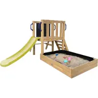 Axi Leah Mini Speeltoren van hout in bruin met limoen groene Glijbaan | Kleine Speeltoren met Zandbak, Picknicktafel en Krijtbord | Multifunctioneel speeltoren voor in de tuin