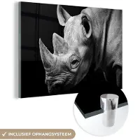 MuchoWow - Glasschilderij - Foto op glas - Schilderij glas - Acrylglas - Dieren - Neushoorn - Zwart - Wit - Muurdecoratie - 150x100 cm - Woonkamer - Wanddecoratie dieren - Woondecoratie