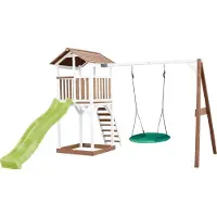 Axi Beach Tower Speeltoestel van hout in Bruin en Wit | Speeltoren met zandbak, nestschommel en limoen groene Glijbaan | Speelhuis op palen voor de tuin