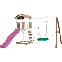 Axi Beach Tower Speeltoestel van hout in Bruin en Wit | Speeltoren met zandbak, nestschommel en paarse Glijbaan | Speelhuis op palen voor de tuin