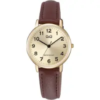 Q&Q C65A-001PY - Horloge - Polshorloge - Analoog - Dames - Vrouwen - Leren band - Rond - Metaal - Cijfers - Bruin - Goudkleurig