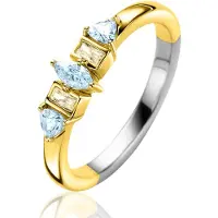 Zinzi gold plated zilveren ring met zettingen in peer, rechthoek en driehoeksvorm bezet met lichtblauwe en champagne kleurstenen ZIR2630B