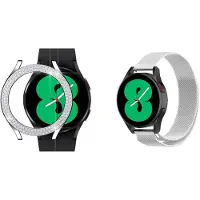 Strap-it Milanese Band + Diamond PC Hard Case (Zilver) - Geschikt voor Samsung Galaxy Watch 4 40mm - RVS Stalen Band - Magnetische Sluiting - Luxe & duurzame bescherming - Zilver